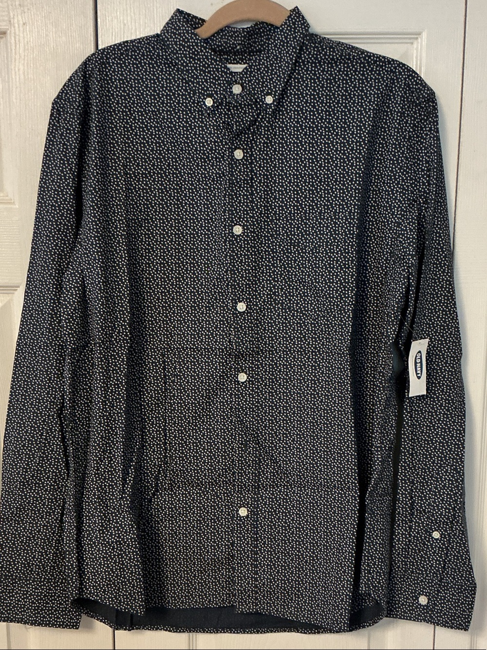 Old Navy Navy Button-Down Shirt with White Micro Dots